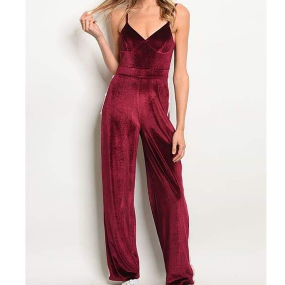 FAME VELVET STRIPE TRACK BURGUNDY JUMPSUIT - Picture 6 of 7